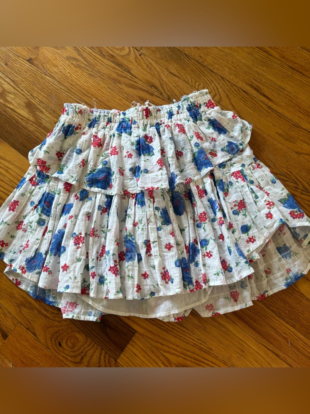 LoveShackFancy White Tiered Cotton Mini Skirt Blue and Red Floral Print Small